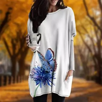 Новинка осени с принтом бабочек и одуванчиков. Платье больших размеров для женщин с круглым вырезом и длинными рукавами. Повседневные платья с карманами. XS белый