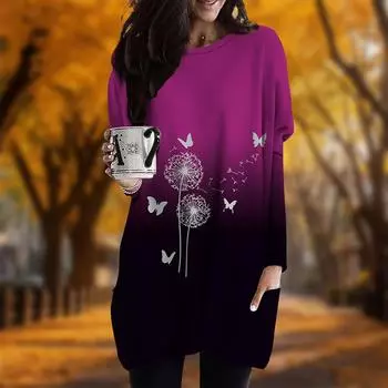Новинка осени с принтом бабочек и одуванчиков. Платье больших размеров для женщин с круглым вырезом и длинными рукавами. Повседневные платья с карманами. XS фиолетовый