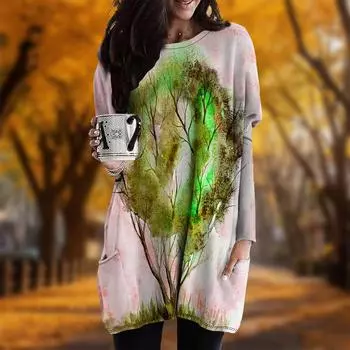 Новинка осени с принтом «Башнеобразные деревья» Платье больших размеров для женщин с круглым вырезом и длинными рукавами Повседневные платья с карманами XS фиолетовый