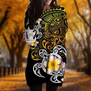 Новинка осени с принтом черепахи и цветка, платье больших размеров для женщин с круглым вырезом, длинными рукавами, повседневные платья с карманами XS белый