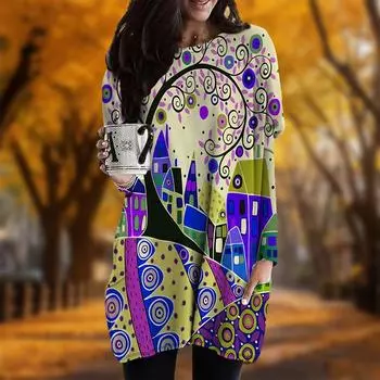 Новинка осени с принтом деревенских иллюстраций и больших размеров платье для женщин с круглым вырезом и длинными рукавами повседневные платья с карманами XS фиолетовый