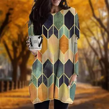 Новинка осени с принтом драгоценных камней и больших размеров платье для женщин с круглым вырезом и длинными рукавами повседневные платья с карманами XS фиолетовый