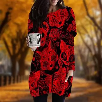 Новинка осени с принтом головы лисы плюс размер платье для женщин с круглым вырезом и длинными рукавами повседневные платья с карманами XS чёрный