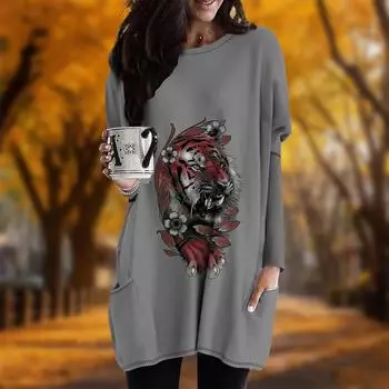Новинка осени с принтом головы тигра плюс размер платье для женщин с круглым вырезом и длинными рукавами повседневные платья с карманами XS красный