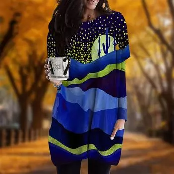 Новинка осени с принтом кактусовой луны и больших размеров платье для женщин с круглым вырезом и длинными рукавами повседневные платья с карманами XS фиолетовый