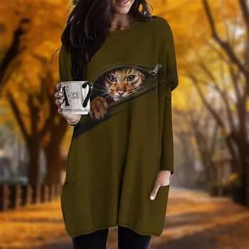 Новинка осени с принтом кота на молнии большого размера женское платье с круглым вырезом и длинными рукавами повседневные платья с карманами XS фиолетовый