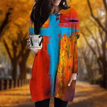 Новинка осени с принтом креста плюс размер платье женщины O neck длинные рукава повседневные карманные платья XS красный