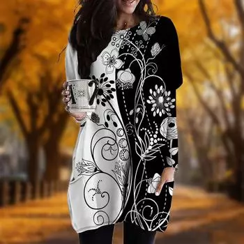 Новинка осени с принтом кувшина-растения плюс размер платье женское O-образный вырез длинные рукава повседневные карманные платья XS белый