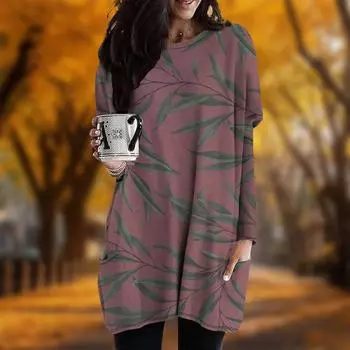 Новинка осени с принтом листьев старинных деревьев больших размеров женское платье с круглым вырезом и длинными рукавами повседневные платья с карманами XS красный