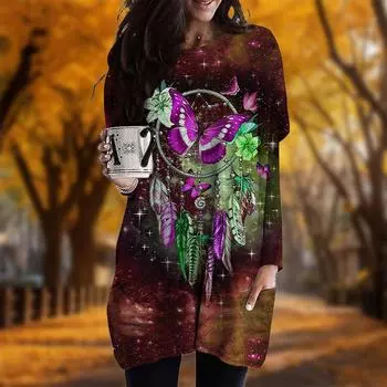 Новинка осени с принтом «Ловец снов» и принтом бабочек больших размеров Женское платье с круглым вырезом и длинными рукавами Повседневные платья с карманами XS красный