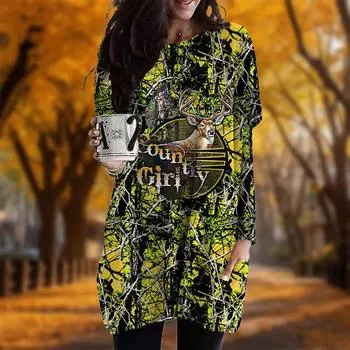 Новинка осени с принтом оленя в лесу и больших размеров платье для женщин с круглым вырезом и длинными рукавами повседневные платья с карманами XS фиолетовый