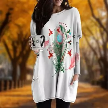 Новинка осени с принтом перьев ласточки плюс размер платье для женщин с круглым вырезом и длинными рукавами повседневные платья с карманами XS чёрный