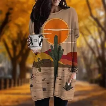Новинка осени с принтом пустынного кактуса и больших размеров платье для женщин с круглым вырезом и длинными рукавами повседневные платья с карманами XS фиолетовый