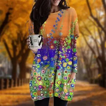 Новинка осени с принтом разноцветных пузырьков и больших размеров платье для женщин с круглым вырезом и длинными рукавами повседневные платья с карманами XS фиолетовый