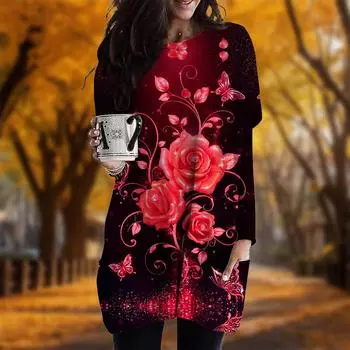 Новинка осени с принтом роз и бабочек, платье больших размеров для женщин с круглым вырезом и длинными рукавами, повседневные платья с карманами XS фиолетовый