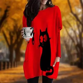 Новинка осени с принтом «рыбак-кот» большого размера женское платье с круглым вырезом и длинными рукавами повседневные платья с карманами XS фиолетовый