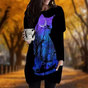 Новинка осени с принтом силуэта кошки плюс размер платья женские с круглым вырезом и длинными рукавами повседневные платья с карманами XS фиолетовый