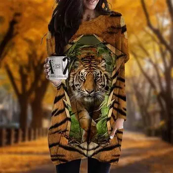 Новинка осени с принтом тигра больших размеров женское платье с круглым вырезом и длинными рукавами повседневные платья с карманами XS серый