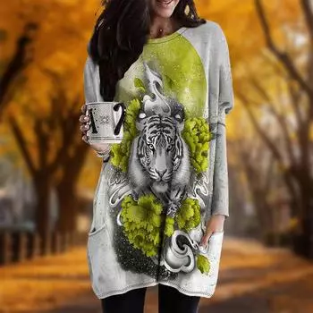 Новинка осени с принтом тигра и цветка плюс размер платья женские с круглым вырезом и длинными рукавами повседневные платья с карманами XS красный