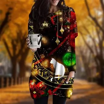 Новинка осени с принтом «Волшебная кошка» большого размера женское платье с круглым вырезом и длинными рукавами повседневные платья с карманами XS фиолетовый