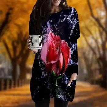 Новинка осени с принтом в виде капли розы и большого размера женское платье с круглым вырезом и длинными рукавами повседневные платья с карманами XS фиолетовый