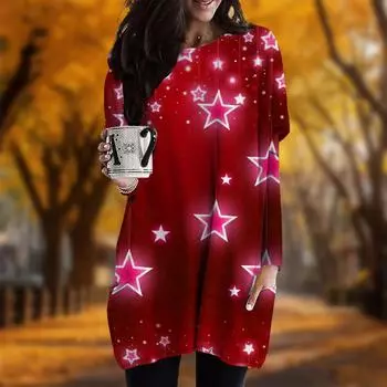 Новинка осени с принтом в виде кулона со звездой и принтом больших размеров Женское платье с круглым вырезом и длинными рукавами Повседневные платья с карманами XS темно-синий