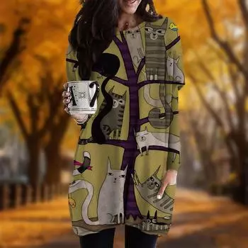 Новинка осени с принтом в виде мультяшного кота и дерева. Платье больших размеров для женщин с круглым вырезом и длинными рукавами. Повседневные платья с карманами. XS фиолетовый