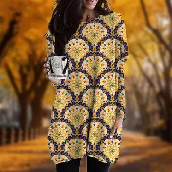 Новинка осени с принтом в виде веерных листьев и больших размеров женское платье с круглым вырезом и длинными рукавами повседневные платья с карманами XS фиолетовый