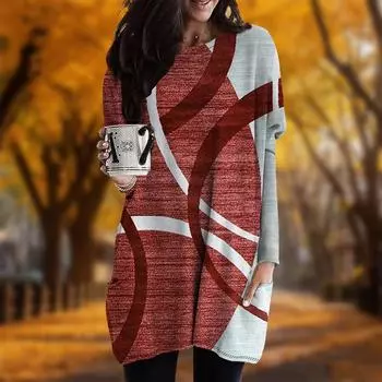 Новинка осени с принтом витых линий и большими размерами платье для женщин с круглым вырезом и длинными рукавами повседневные платья с карманами XS фиолетовый