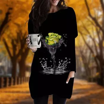 Новинка осени с принтом водяной розы и большими размерами платье для женщин с круглым вырезом и длинными рукавами повседневные платья с карманами XS фиолетовый