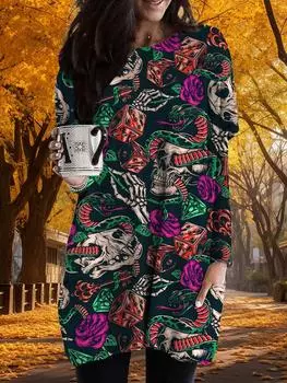 Новинка осени Скелет змеиный принт плюс размер платье женщины O neck длинные рукава повседневные карманные платья XS красный