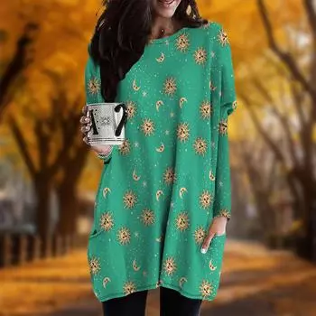Новинка осени Tarot Moon Sun Print Plus Size Dress Women O neck Long Sleeves Casual Pocket Dresses XS фиолетовый