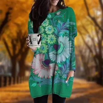 Новинка осени. Традиционное платье с цветочным принтом и большими размерами. Женское повседневное платье с круглым вырезом и длинными рукавами. Платья с карманами. XS чёрный