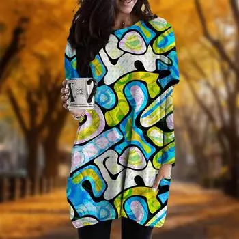 Новинка осени Уличный Граффити Принт Плюс Размер Платье Женское O-образный вырез Длинные рукава Повседневные Карманные Платья XS фиолетовый