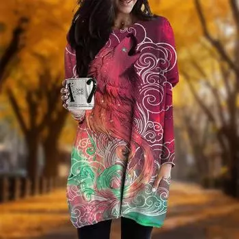 Новинка осени Xiangyun Wolf Print Plus Size Dress Women O neck Long Sleeves Casual Pocket Dresses XS красный