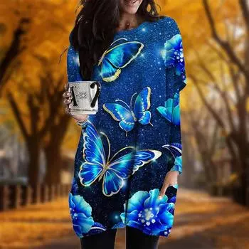 Новинка осени Звездное небо Бабочка Принт Плюс Размер Платье Женщин О-образным Вырезом Длинные Рукава Повседневные Карманные Платья XS темно-синий