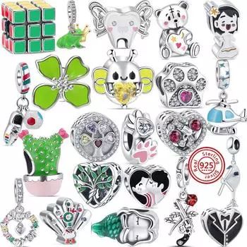 Новинка S925, однотонные серебряные большие глаза с принтами лап, револьвер, розы, вертолет, бусины для девочек, подходят оригинальные подвески, браслет, женские ювелирные изделия