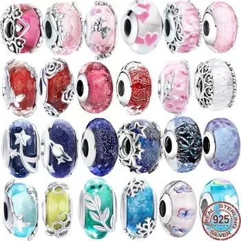 Новинка, стерлингового серебра 925 пробы, розового, фиолетового, темно-синего и звездного муранского стекла, подвески, бусины, подходят для нового браслета, ювелирные изделия