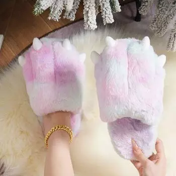 Новинка, тапочки в виде медвежьих лап, зимние женские дизайнерские легкие туфли на полу, женские радужные пушистые тапочки в виде когтей животных One Size