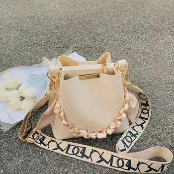 Новинка в сумках-ведрах для женщин, брендовые кошельки и сумки, чистый цвет, шелковый шарф, декор, широкий ремень, большая вместимость, сумка через плечо 22x21x11cm чёрный