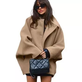 Новинка в верхней одежде Тренчкот для женщин с рукавами «летучая мышь» Длинное пальто Зимний шерстяной плащ с лацканами Коричневый средней длины Куртки S красный