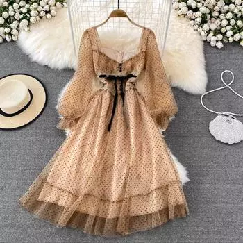 Новинка весны 2022, ретро дворцовый стиль, супер фея, нежный ветер, закрытая талия, тонкий квадратный воротник, волнистое сетчатое платье в горошек, элегантное длинное платье