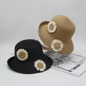 Новинка весны/лета 2022, соломенная шляпа ручной работы с подсолнухом, Южная Корея, рыбацкая шляпа для отдыха, модная женская дорожная шляпа с большой оправой M 56-58cm белый