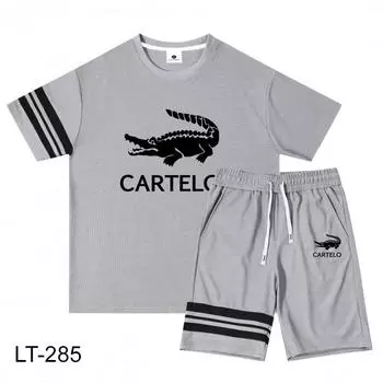 Новинка весны/лета 2024, вафельный хлопковый смешанный мужской и женский спортивный комплект с принтом для отдыха, комплект для пары M серый