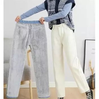 Новинка зимы 2022, повседневные брюки с высокой талией в Корейском стиле, теплые свободные прямые брюки из плотного флиса, женские джинсы, уличная одежда в стиле Харадзюку S чёрный