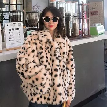 Новинка зимы, свободное и утолщенное шерстяное пальто для женщин, корейская версия теплого пальто из искусственного меха с леопардовым принтом из овечьей шерсти S