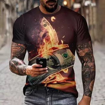 НовинкаЛетоКреативная футболка для мужчинФутболка с короткими рукавами с 3D принтом денег Повседневный уличный топ Свободная футболка из полиэстера Футболка большого размера M