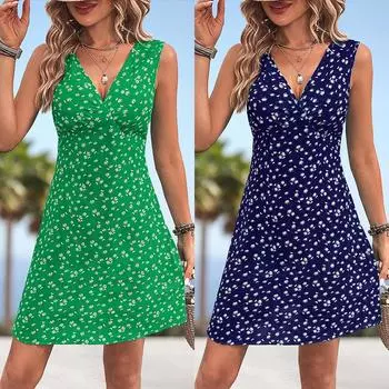 Новинки 2023 года: Платье с принтом и вырезом халтер для женщин — хит продаж в Европе и Америке! S темно-синий