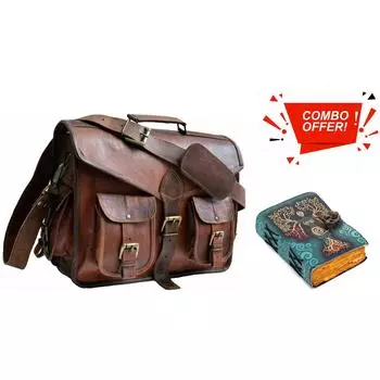 Новинки для мужчин, натуральная козья кожа, винтажный коричневый цвет, плечо-мессенджер, сумка для ноутбука, портфель . С комбинированным кожаным дневником 15 x 11 x 4 in коричневый