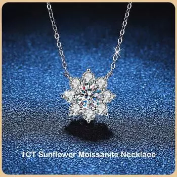 Новое 100% настоящее 1-каратное муассанитовое ожерелье с подвеской в виде подсолнечника для женщин, стерлинговое серебро 925 пробы, бриллиантовая цепочка, ожерелья, ювелирные изделия About 21-50cm&1 Carat S925